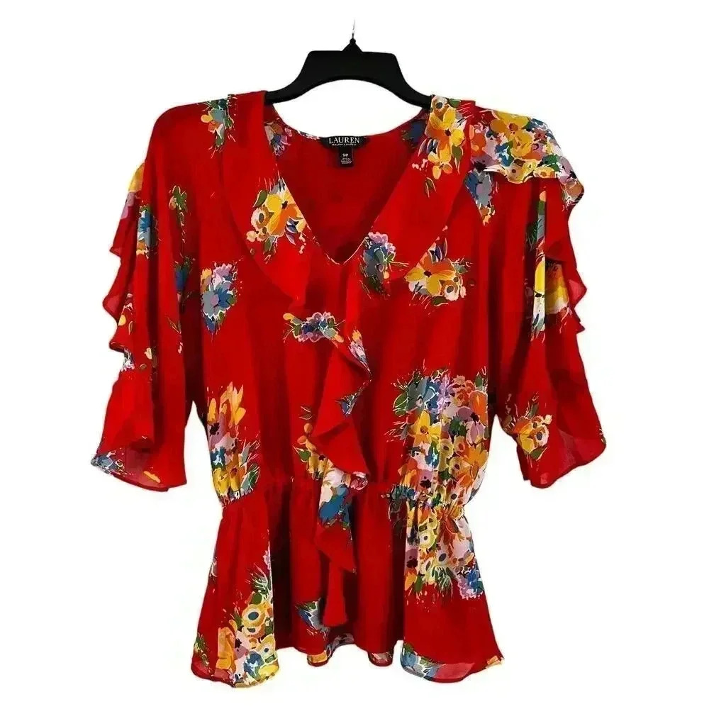 Lauren Ralph Lauren Women’s Floral Peplum Blouse Top Size Small Red Ruffled